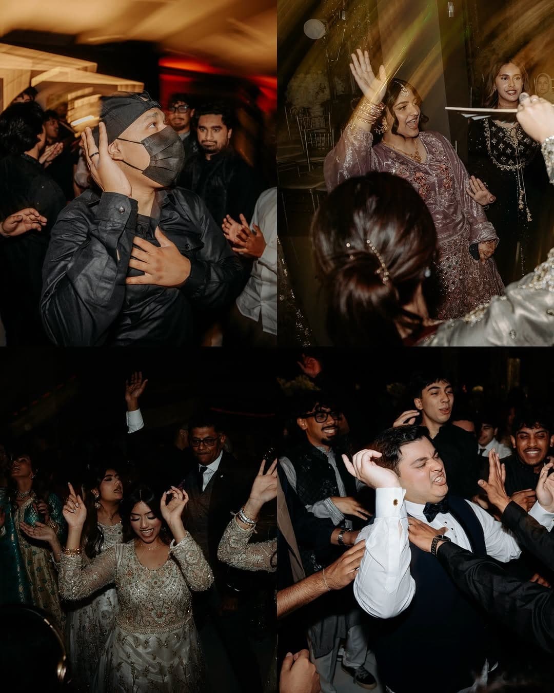 Candid reception moments — guests dancing under warm light, a bride celebrating in the crowd, and a groom being hyped up by friends