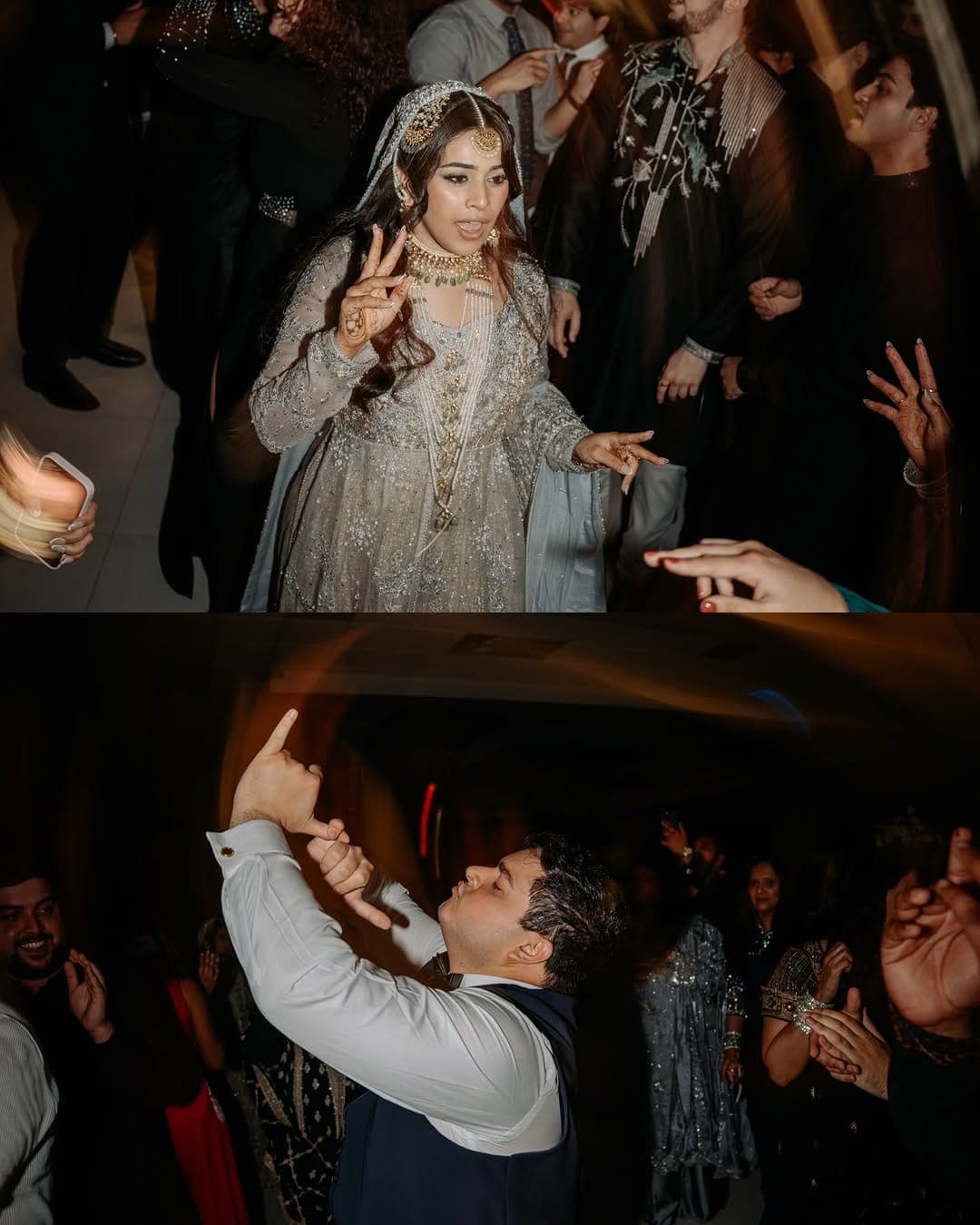 A bride throwing a peace sign amid reaching hands and a groom pointing skyward mid-song as the crowd claps